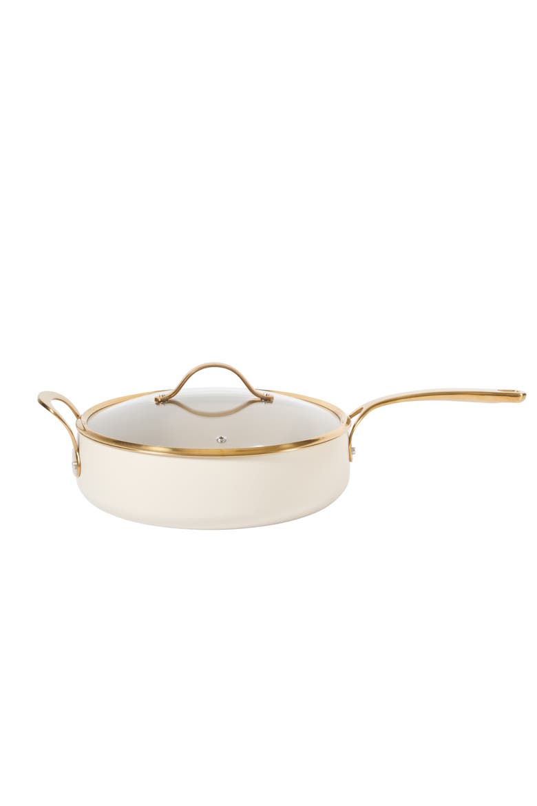 6 QT Heavy Duty Aluminum Premium PFA Free Ceramic Nonstick Sauté/Deep Frying Pan Skillet with Lid, Main, color, Linen White with Gold Handle