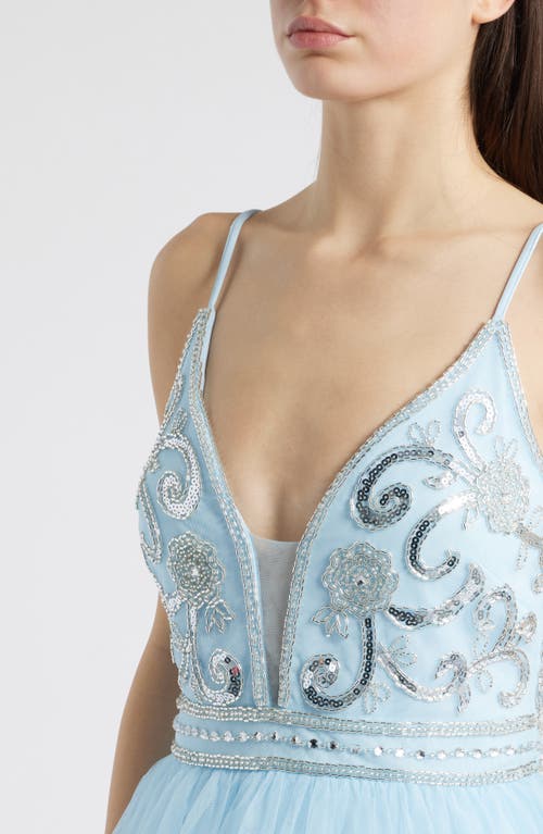Jump Apparel Beaded Bodice Ruffle Tulle Gown In Light Blue