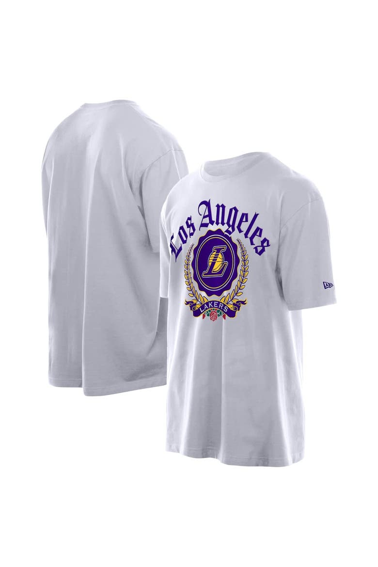 Men's New Era White Los Angeles Lakers Throwback Prep Oversized T-Shirt, Alternate, color, White