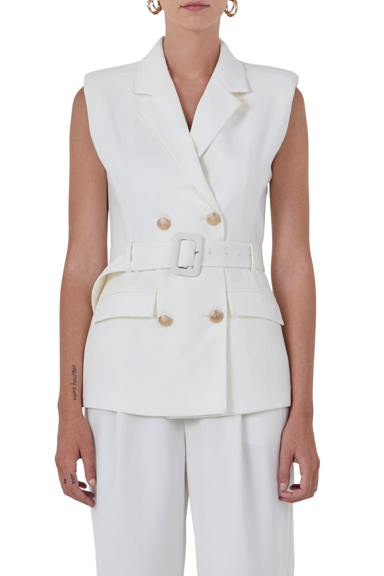 Shoulder Pad Belted Sleeveless Double Breasted Blazer, Main, color, IVORY