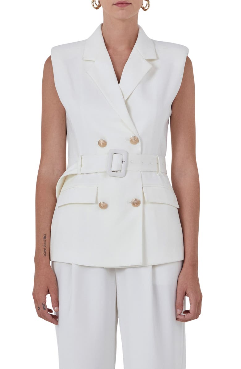 Endless Rose Shoulder Pad Belted Sleeveless Double Breasted Blazer, Main, color, Ivory