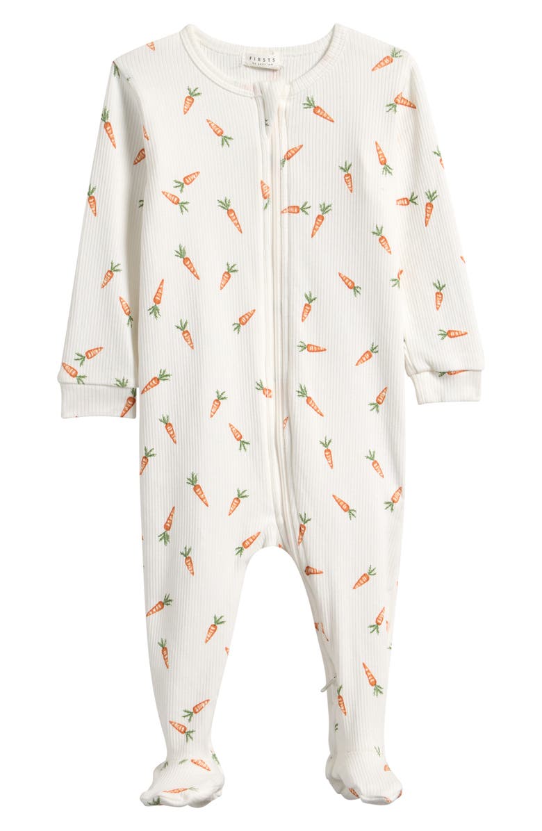 Petit Lem Carrot Print One-Piece Footie Pajamas, Main, color, Off White