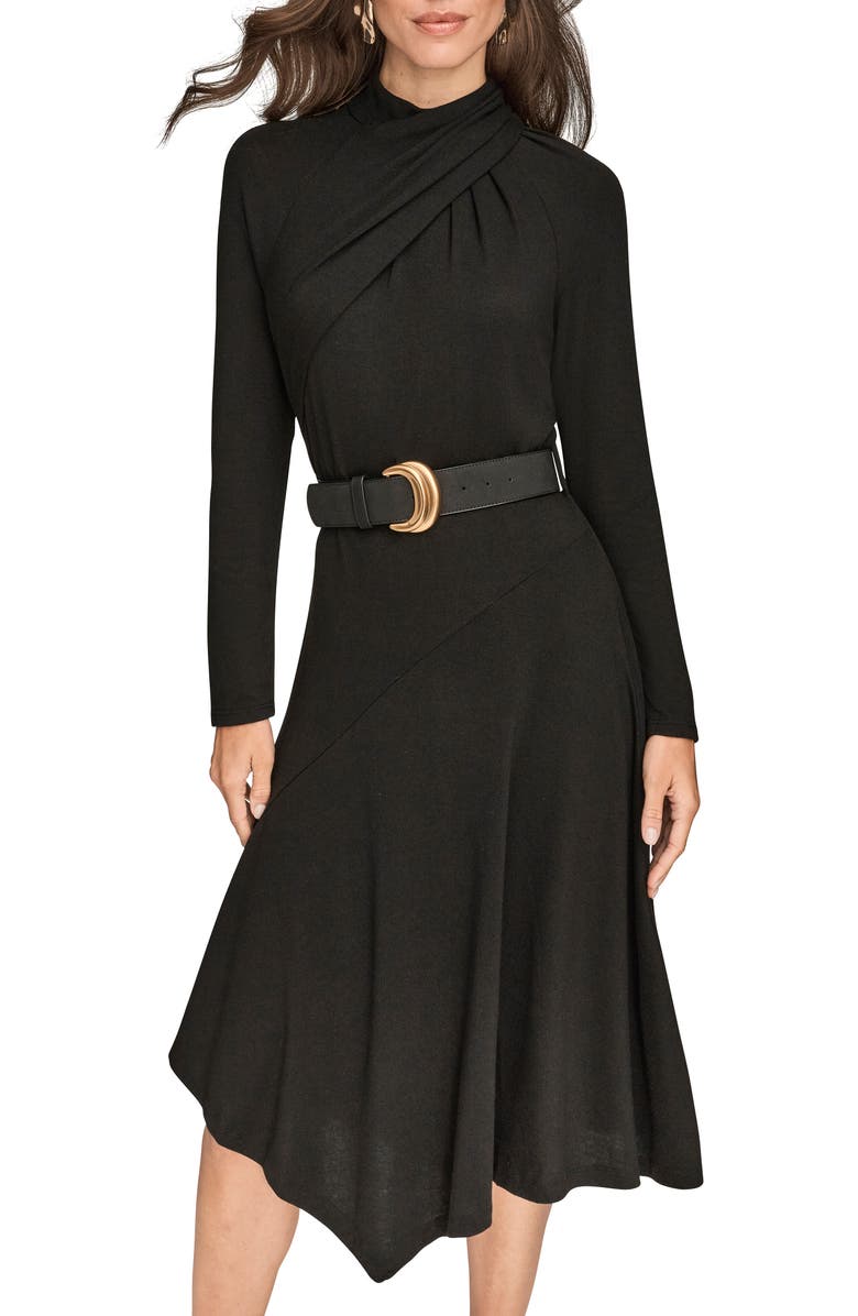 Donna Karan New York Twist Front Long Sleeve Asymmetric Midi Dress, Alternate, color, Black
