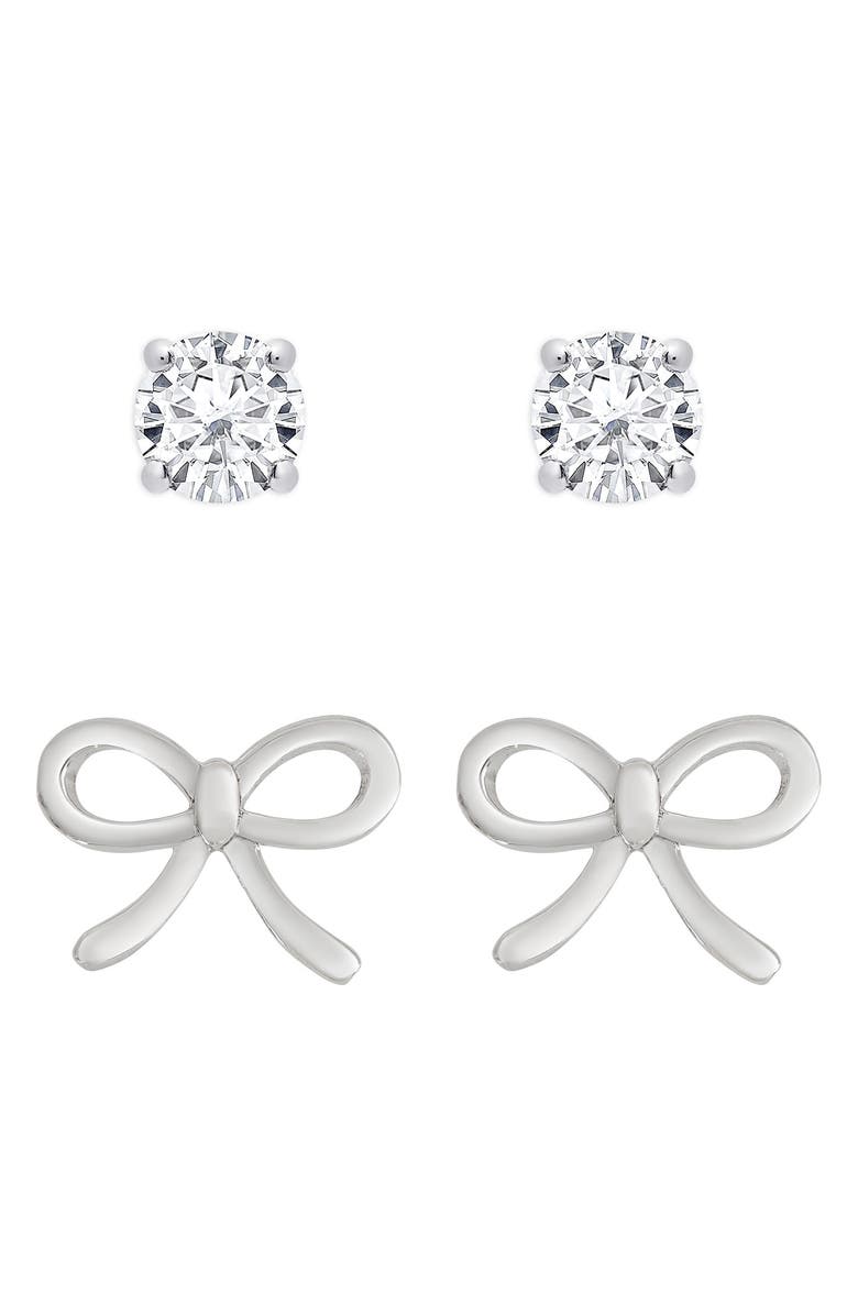 Lily Nily Kids' Bow & Cubic Zirconia Stud Earrings Set, Main, color, Silver