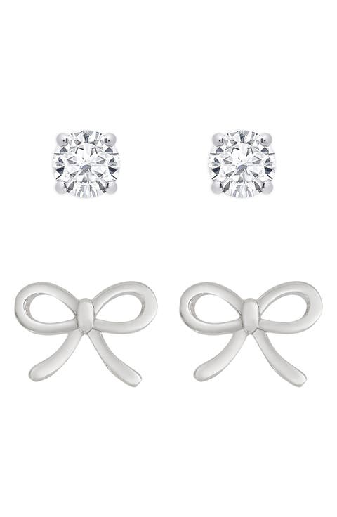 Kids' Bow & Cubic Zirconia Stud Earrings Set