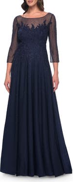 La Femme Rhinestone Embellished A-Line Tulle and Lace Evening Dress