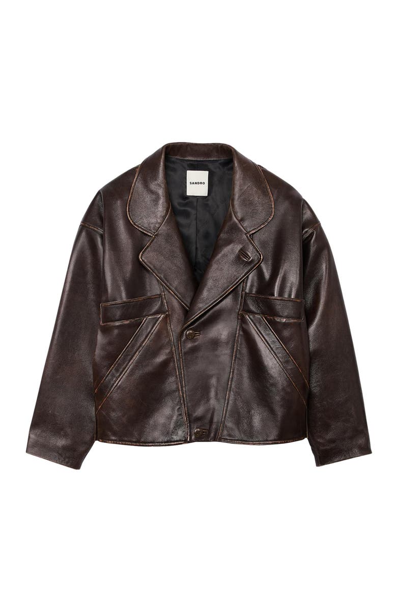 SANDRO Oversized leather jacket, Alternate, color, Brown