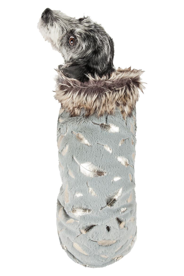 LUXE 'Gold Wagger' Gold-Leaf Designer Faux Fur Dog Coat, Alternate, color, GREY AND GOLD