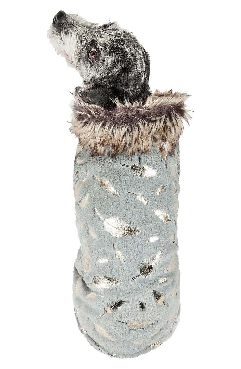 PET LIFE LUXE 'Gold Wagger' Gold-Leaf Designer Faux Fur Dog Coat, Alternate, color, Grey And Gold