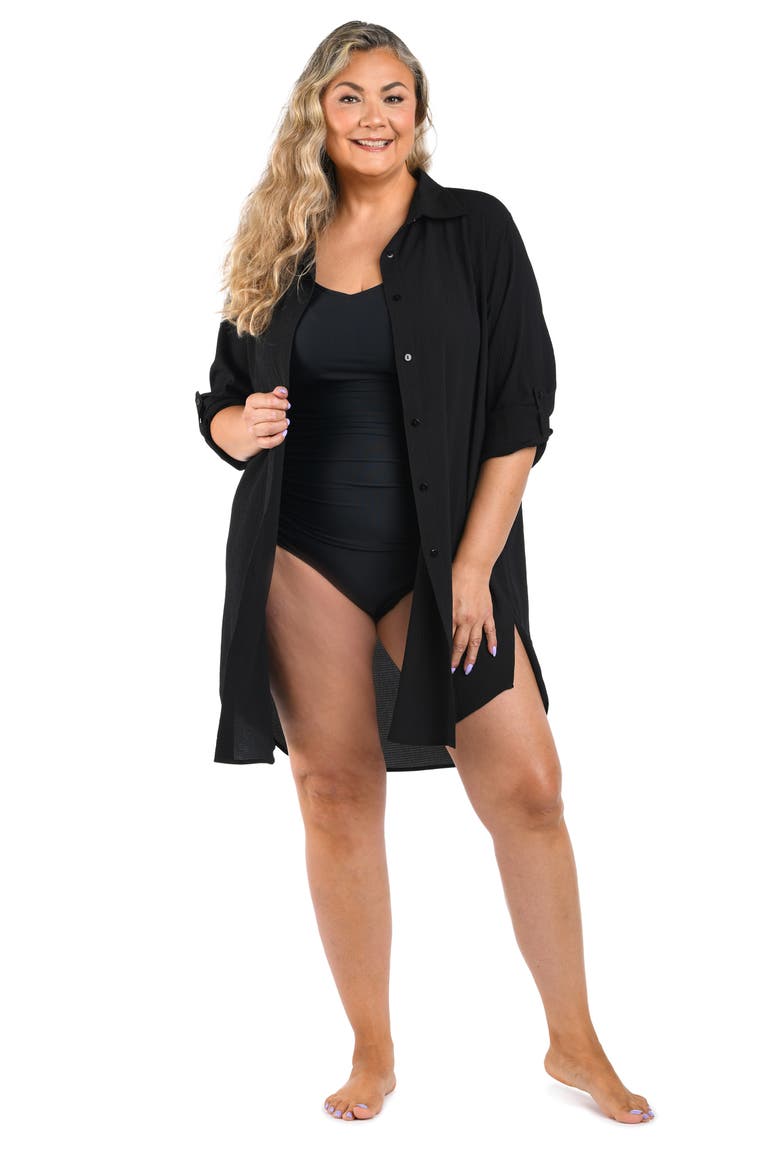Crinkle Crepe Swim Cover-Up Camp Shirt, Alternate, color, BLACK
