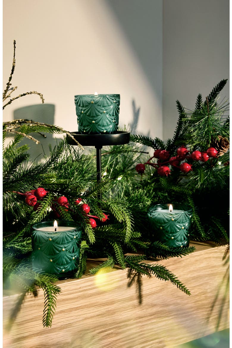 Noble Fir Garland Pedestal Candle Trio, Alternate, color, GREEN