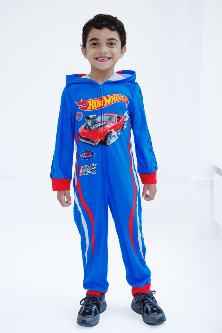 Racing Fleece Hooded One Piece Pajama, Alternate, color, Royal Blue Red