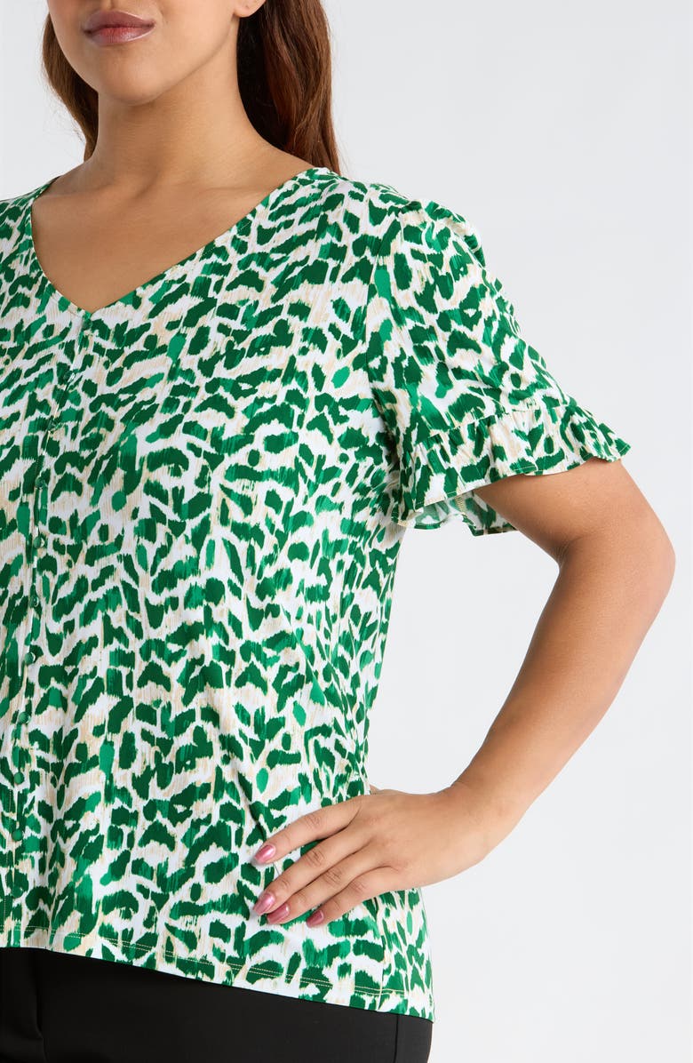 AK ANNE KLEIN Ruffle V-Neck Top, Alternate, color, Tropical Green Multi