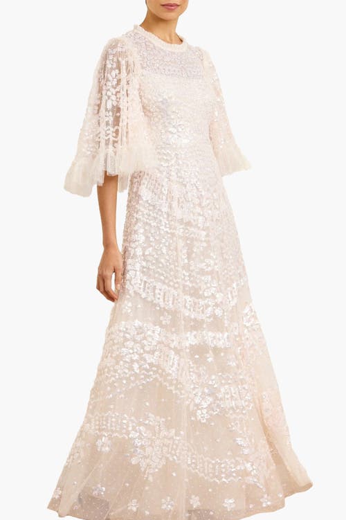 Needle & Thread Anais Sequin 3/4 Sleeve Maxi Gown In Neutral