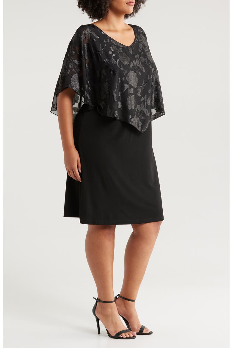 Floral Jacquard Cape Overlay Cocktail Dress, Alternate, color, BLACK