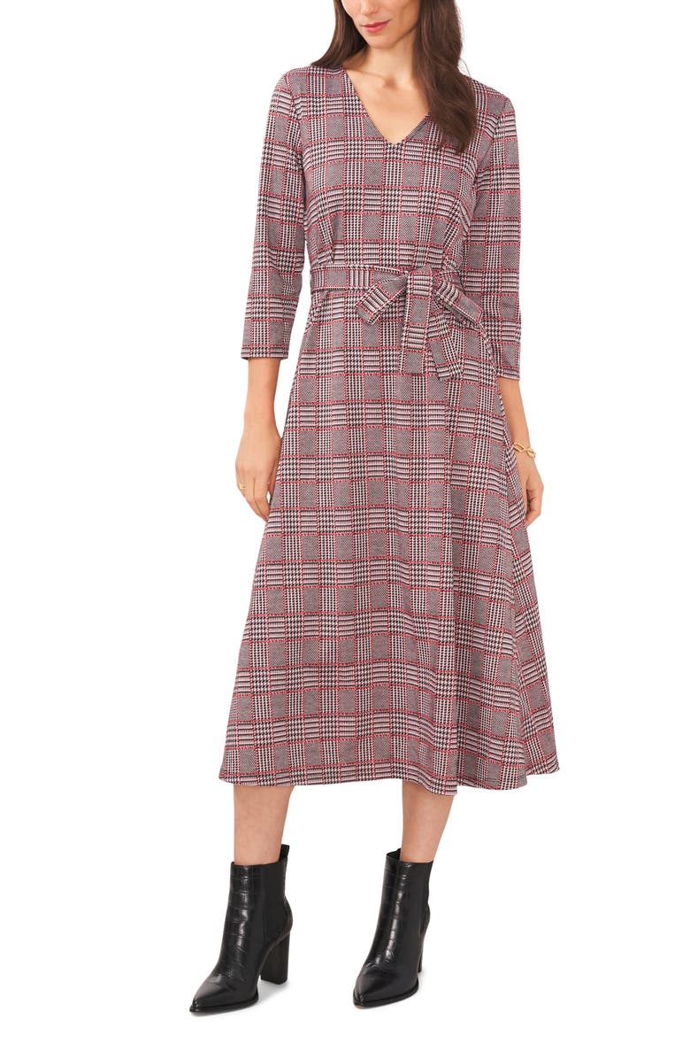 Chaus Plaid Jacquard Tie Waist Midi Dress, Main, color, 