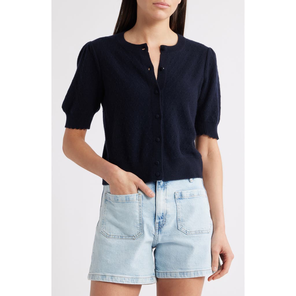 Frame The Cashmere Pointelle Puff Sleeve Cardigan In Blue