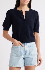 FRAME The Cashmere Pointelle Puff Sleeve Cardigan