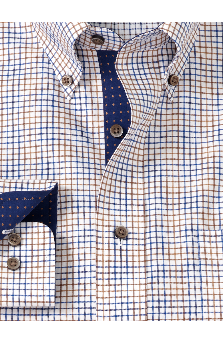 Paul Fredrick Tailored Fit Comfort Stretch Non-iron Tattersall Dress Shirt With Contrast Trim, Alternate, color, Navy/Tan