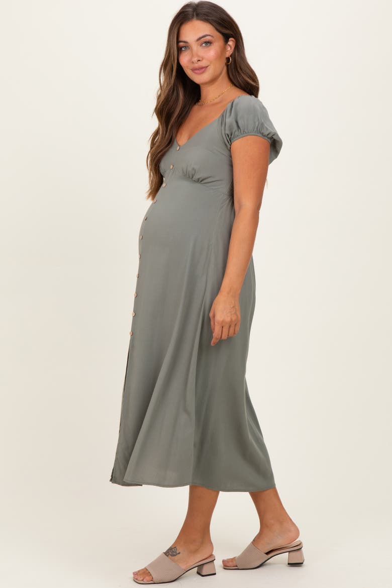 Button Accent Front Slit Midi Dress, Alternate, color, Olive Green