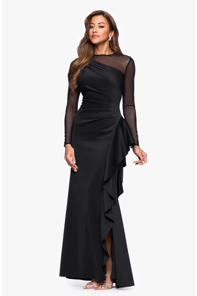 Mesh Long Sleeve Ruffled Scuba Gown, Alternate, color, BLACK