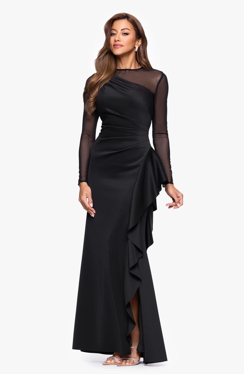 Xscape Evenings Mesh Long Sleeve Ruffled Scuba Gown, Alternate, color, Black