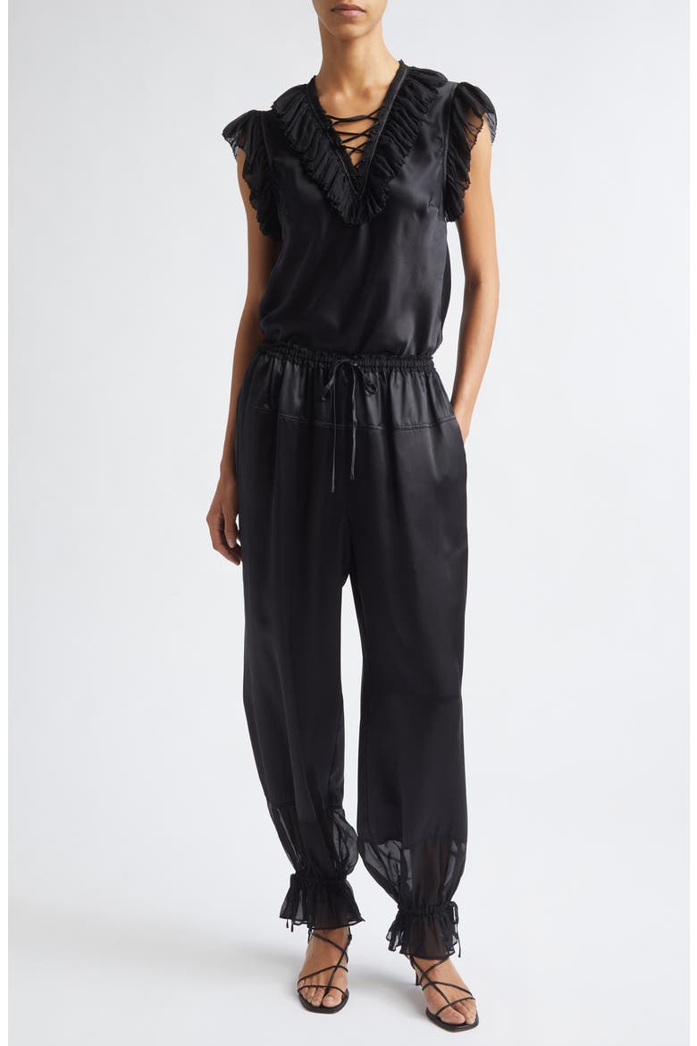 Ilyana Silk Sheer Ruffle Trim Top, Alternate, color, NOIR