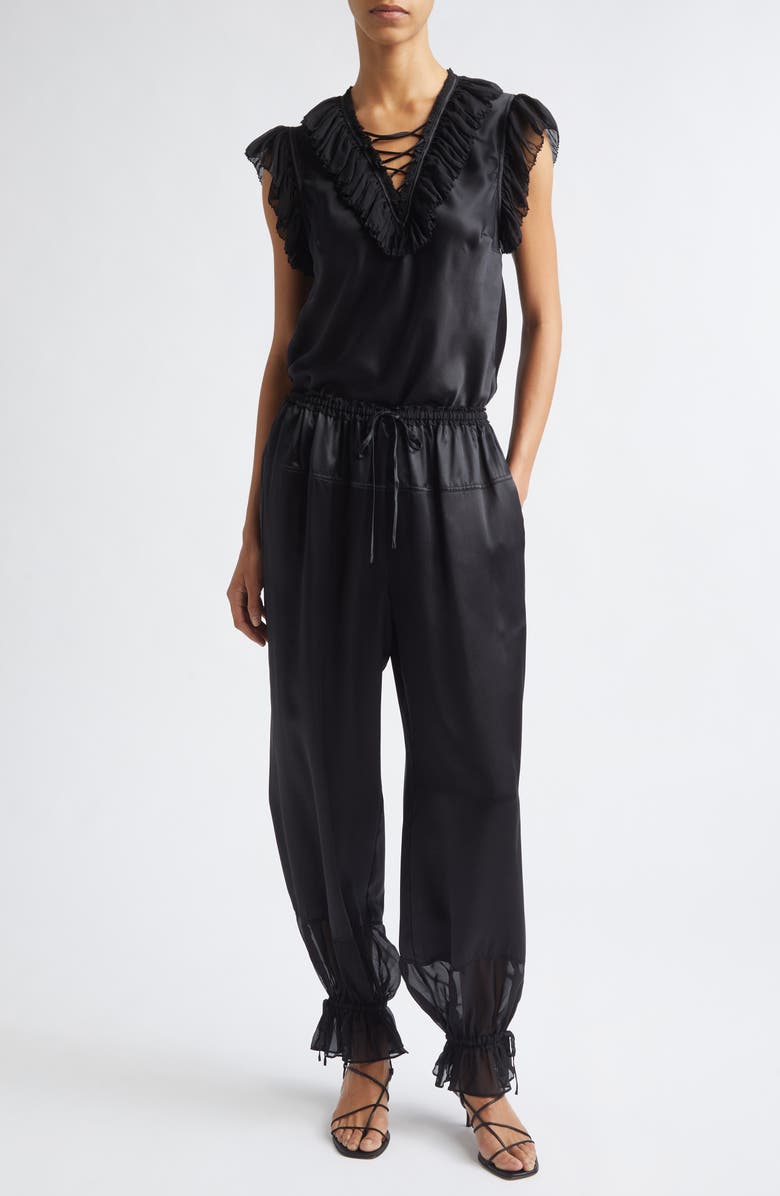 Ulla Johnson Ilyana Silk Sheer Ruffle Trim Top, Main, color, Noir