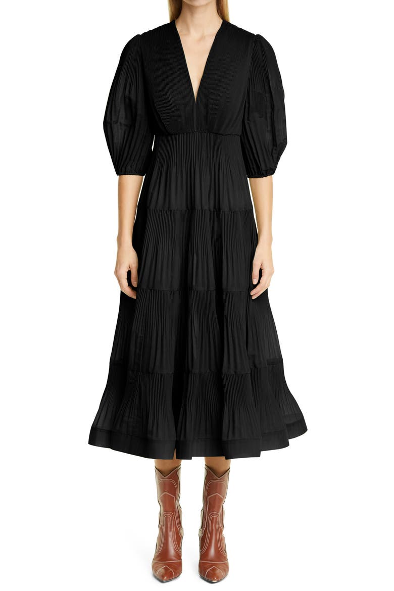 Pleated Balloon Sleeve Tiered Dress, Main, color, BLACK