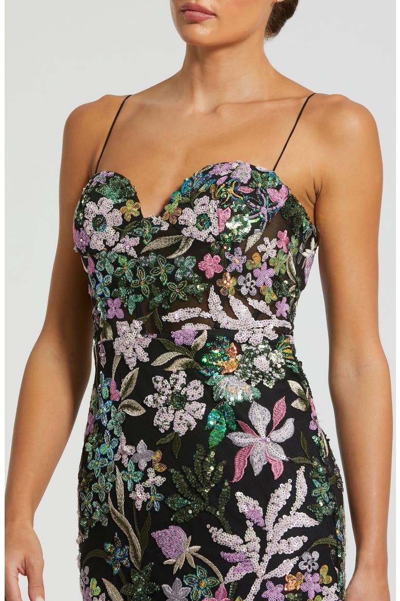 Women's Floral Embroidered Bustier Trumpet Gown, Alternate, color, BLACK MULTI