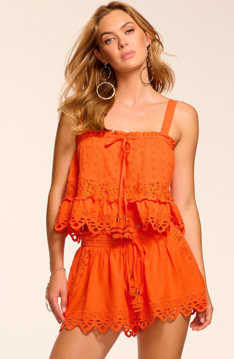 Ramy Brook Amina Tiered Cotton Eyelet Cover-Up Shirt, Alternate, color, Vivid Orange