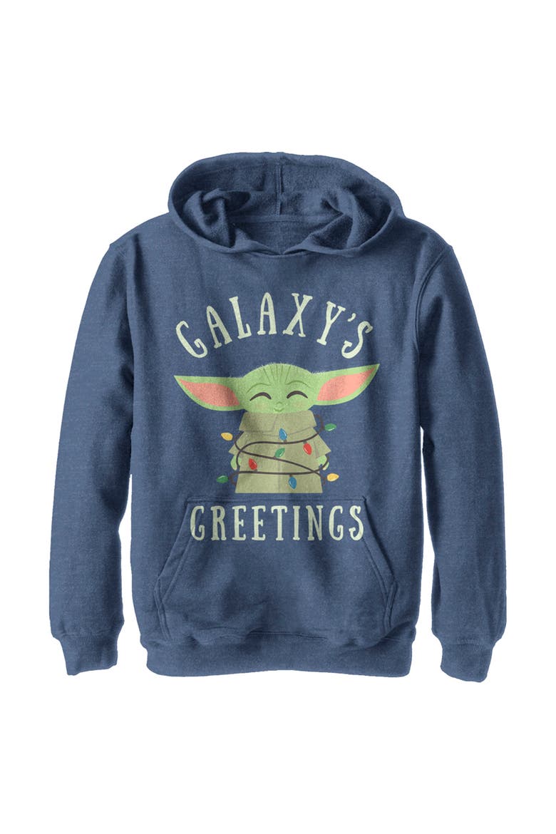 Boy's Star Wars The Mandalorian Christmas The Child Greetings  Pull Over Hoodie, Main, color, Navy Blue Heather