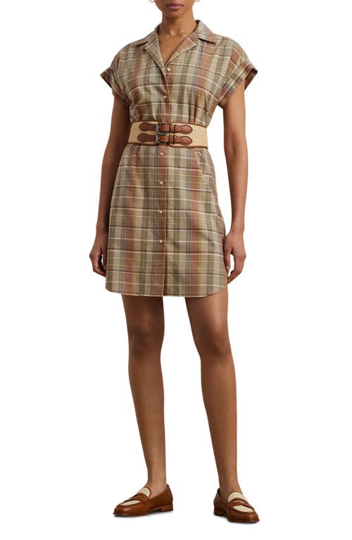 Shop Ralph Lauren Lauren  Madras Cotton Shirtress In Green/tan/blue Multi