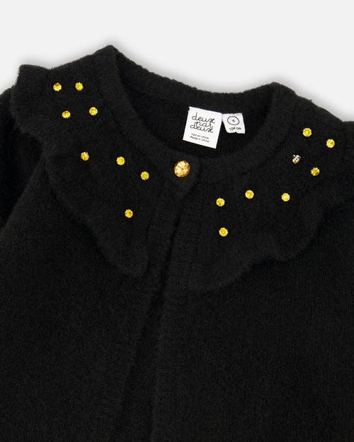 Deux Par Deux Knitted Cardigan With Rhinestones In Black