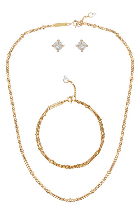 Cable Chain Necklace, Bracelet & Cubic Zirconia Stud Earrings Set