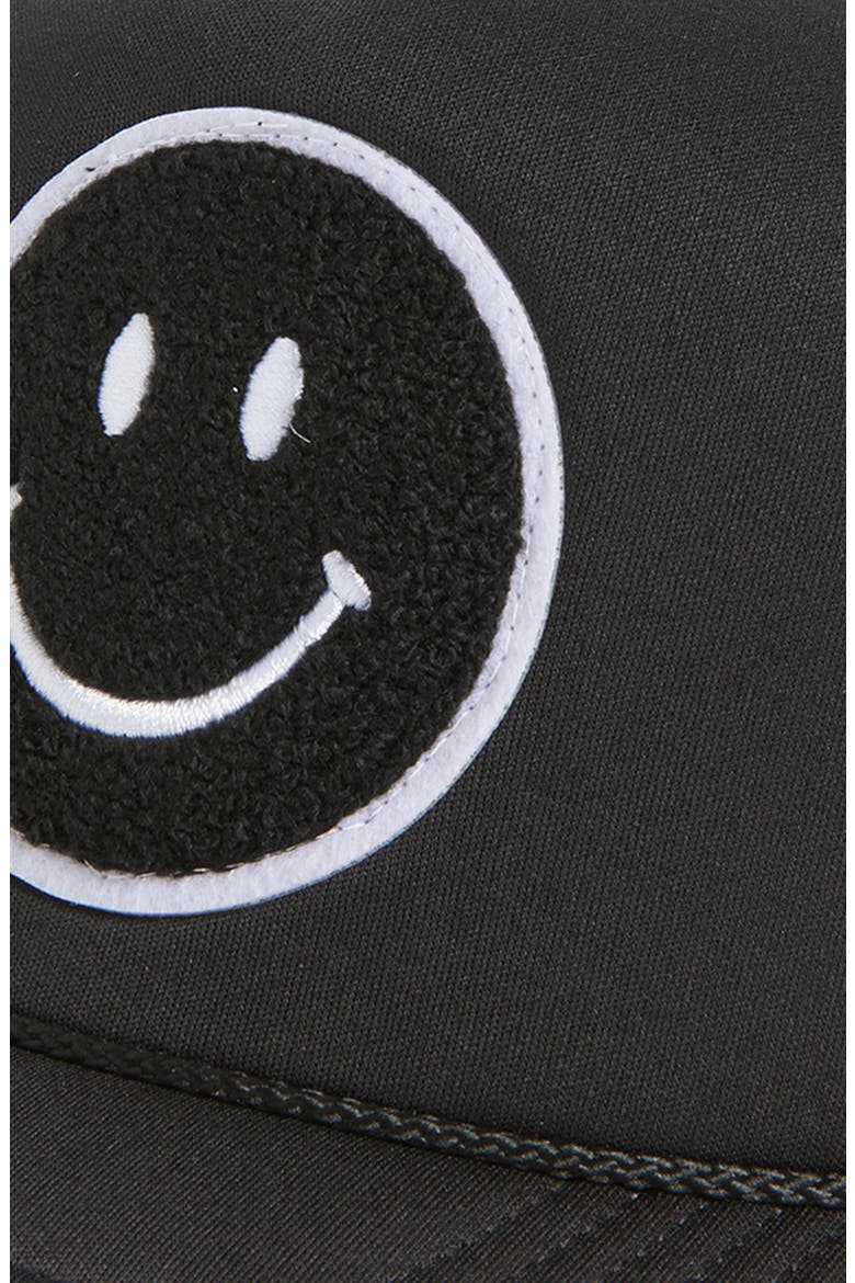Smiley Patch Trucker Hat, Alternate, color, BLACK/ BLACK