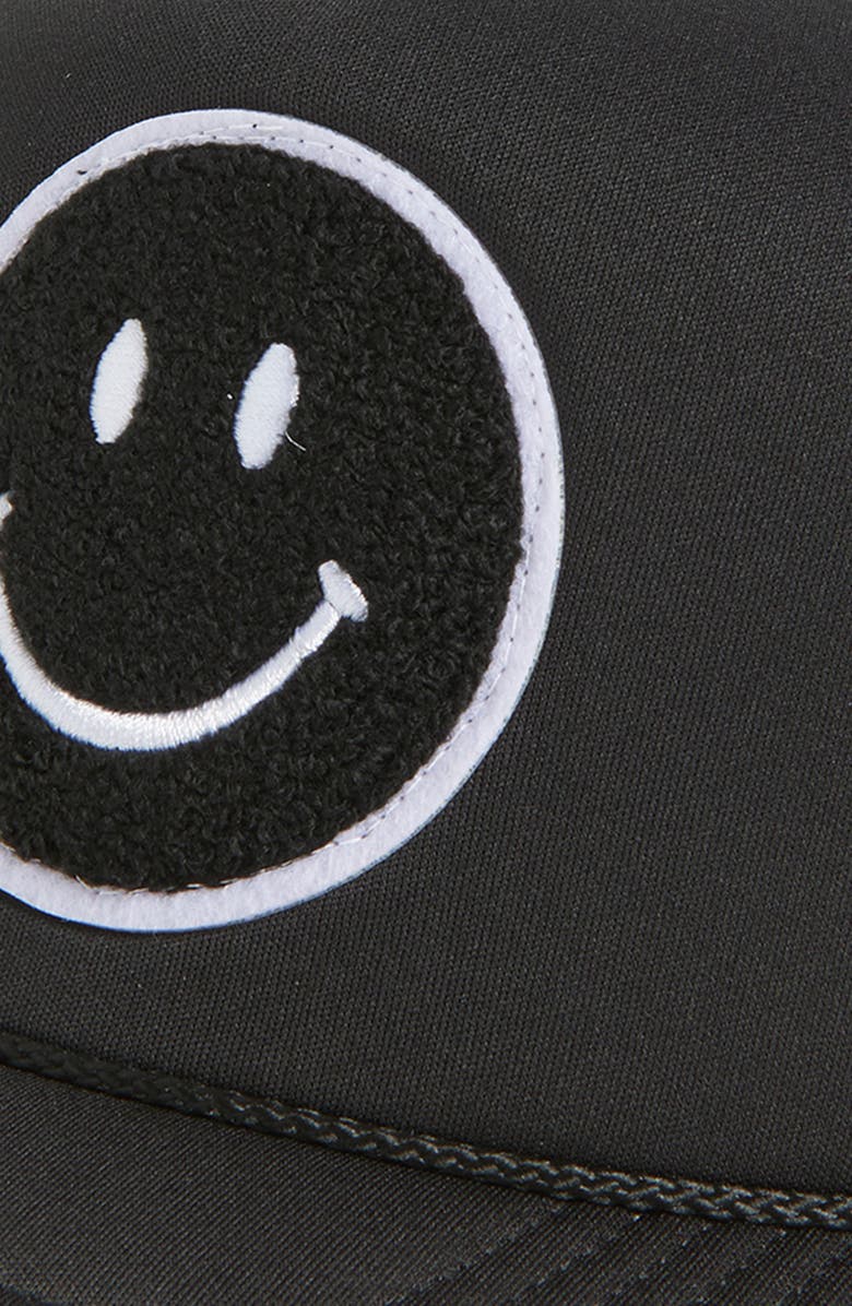 Local Beach Smiley Patch Trucker Hat, Alternate, color, Black/ Black