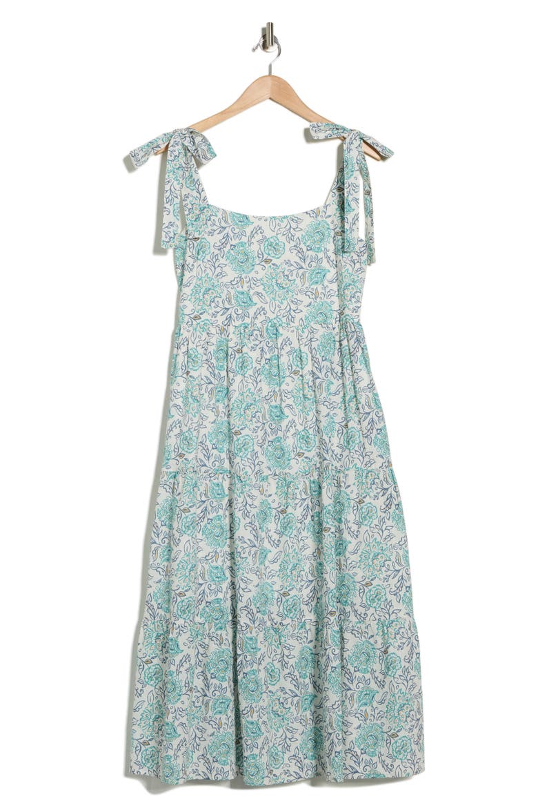 Betty Tie Shoulder Tiered Midi Dress, Alternate, color, CREAM/ AQUA FLORAL