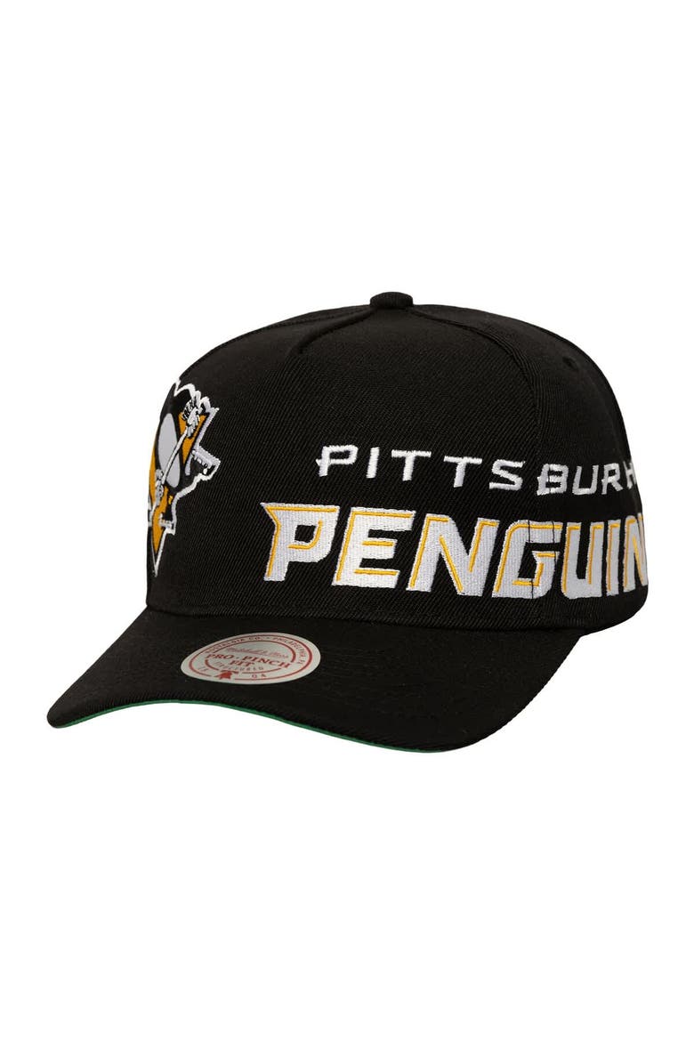 Men's Mitchell & Ness  Black Pittsburgh Penguins Busted Logo Wordmark Wrap-Around Pro Pinch Adjustable Hat, Main, color, Black