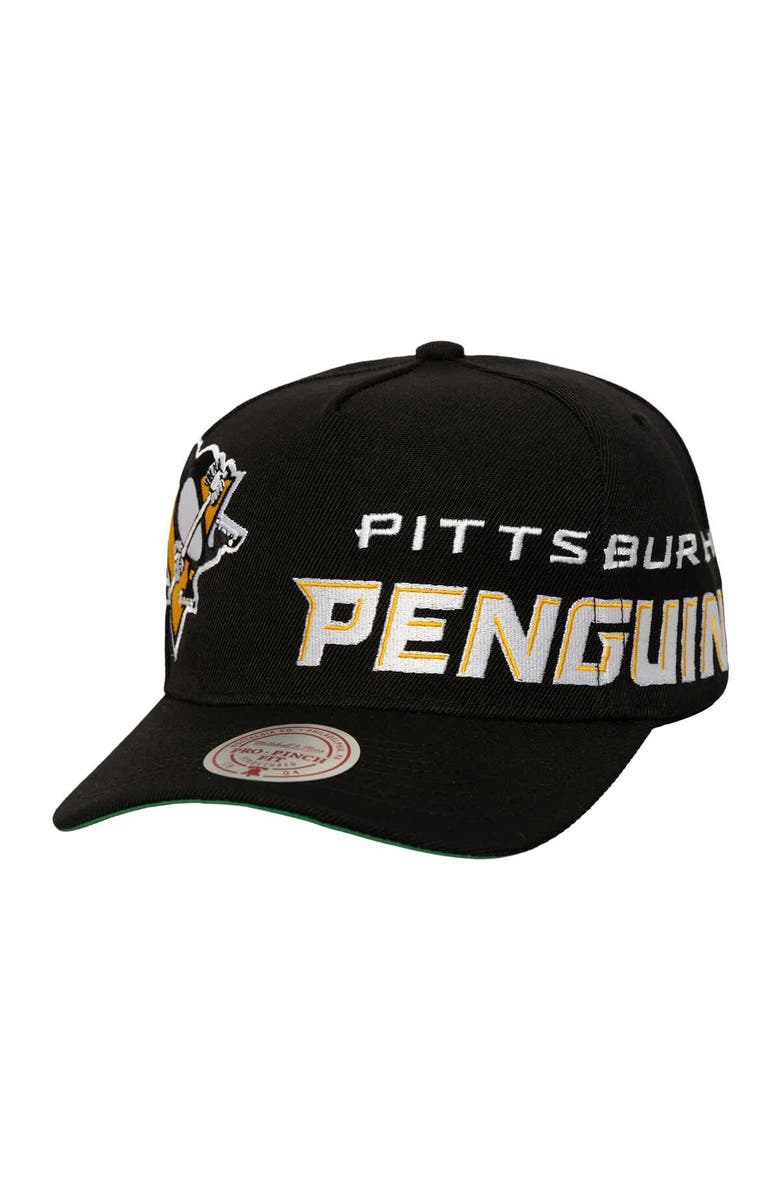 Mitchell & Ness Men's Mitchell & Ness  Black Pittsburgh Penguins Busted Logo Wordmark Wrap-Around Pro Pinch Adjustable Hat, Main, color, Black
