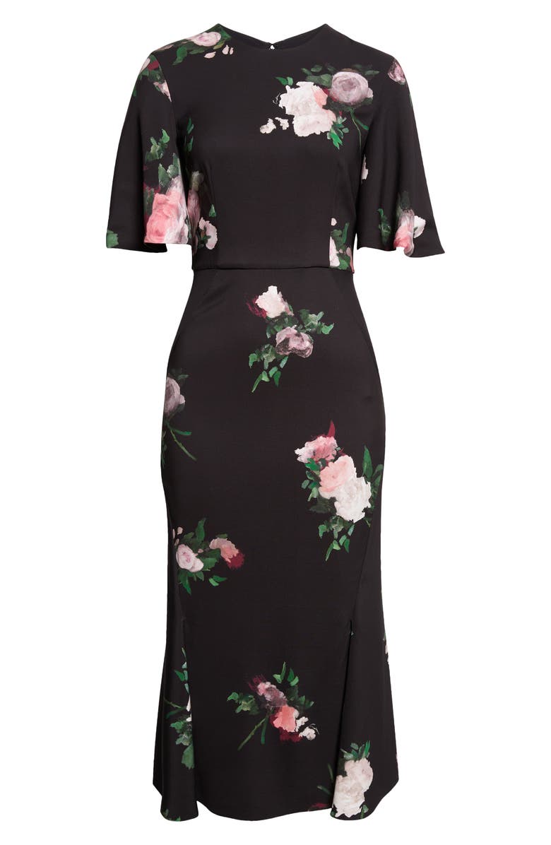 Erdem Floral Flutter Sleeve Stretch Cady Midi Dress, Alternate, color, Painted Rose Bouquet Black