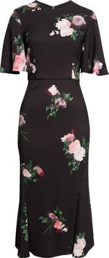 Erdem Floral Flutter Sleeve Stretch Cady Midi Dress