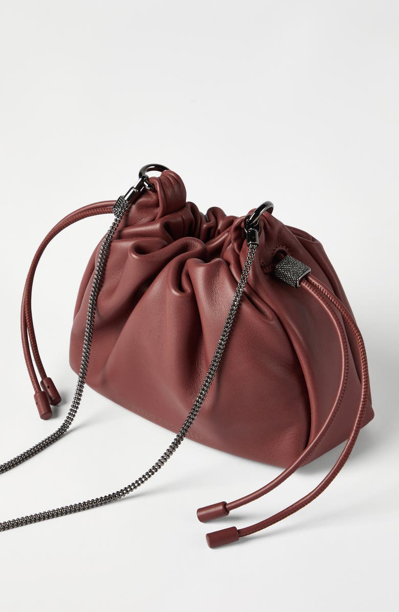 Brunello Cucinelli Soft leather mini Mellow Bucket bag, Alternate, color, Firebrick