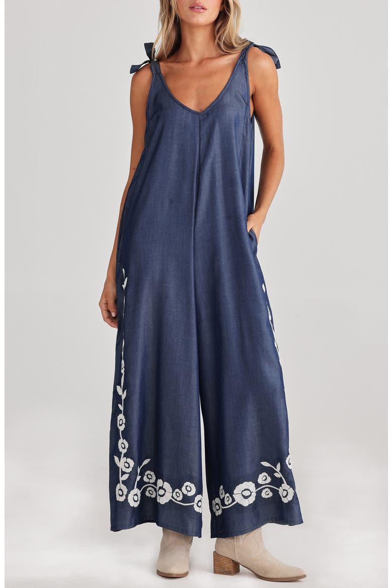 Temple Embroidered Wide Leg Jumpsuit, Main, color, DENIM W EMBROIDERY
