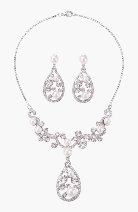 Pearl and Crystal Teardrop Necklace and Earrings Set