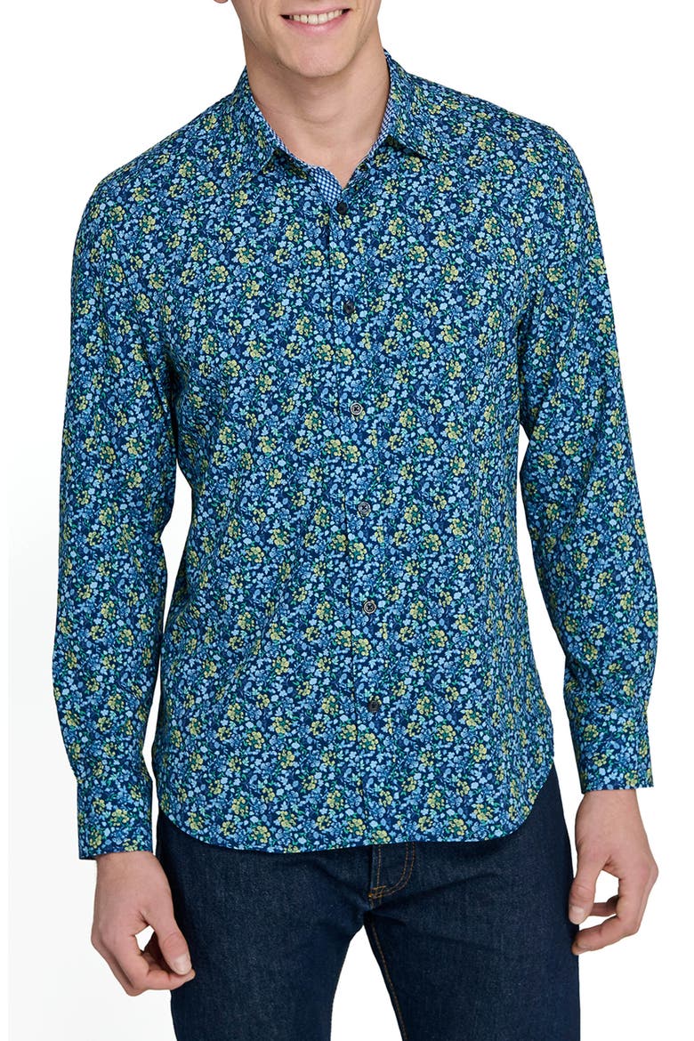 Fancy Floral Stretch Button-Up Shirt, Main, color, NAVY/ YELLOW