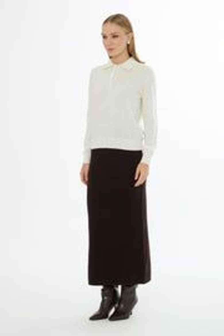 Shirt Collar Button-Front Wool Cashmere Knit Top, Alternate, color, Ecru