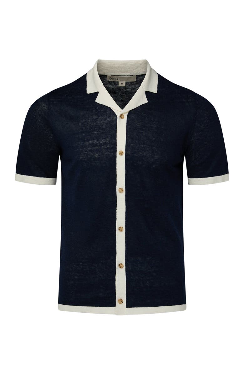 Onia Linen Knit Camp Shirt, Alternate, color, Deep Navy/White