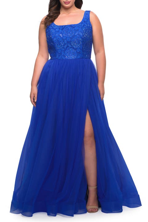 A-line Tulle and Lace Plus Size Gown with Slit