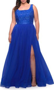 La Femme A-line Tulle and Lace Plus Size Gown with Slit